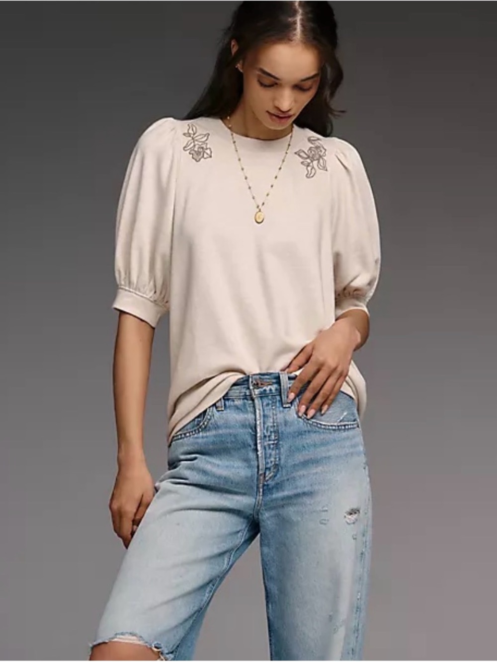 Maeve Cream Puff Sleeve Top with Shoulder Embroidery